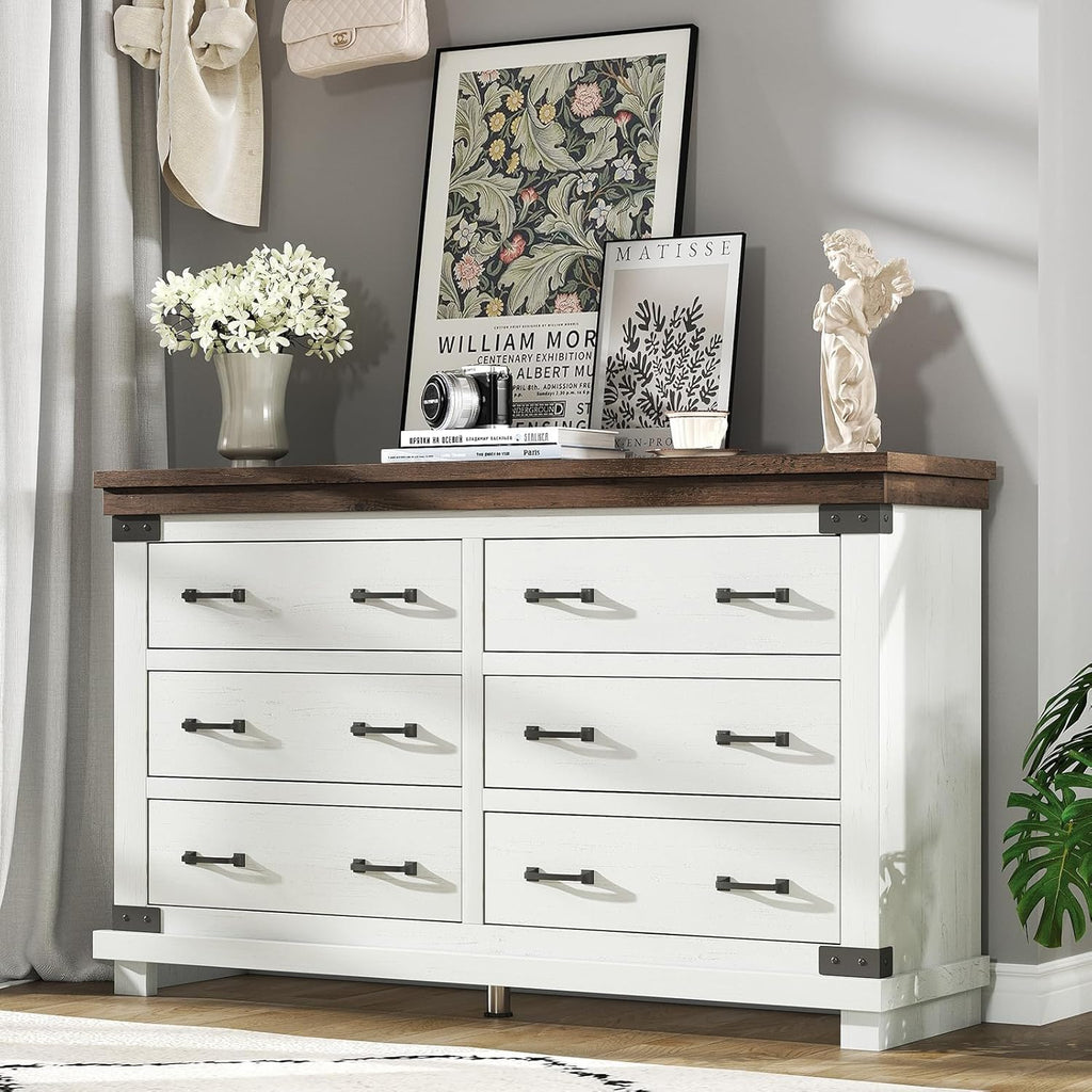 AMERLIFE Farmhouse 6 Drawer Wide Dresser for Bedroom, Large Wood Chest of Drawers with Thick Plank Top, Rustic Heavy Duty Storage Cabinet for Living Room or Hallway, Antique White