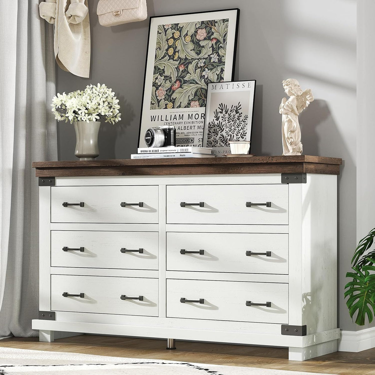 AMERLIFE Farmhouse 6 Drawer Wide Dresser for Bedroom, Large Wood Chest of Drawers with Thick Plank Top, Rustic Heavy Duty Storage Cabinet for Living Room or Hallway, Antique White