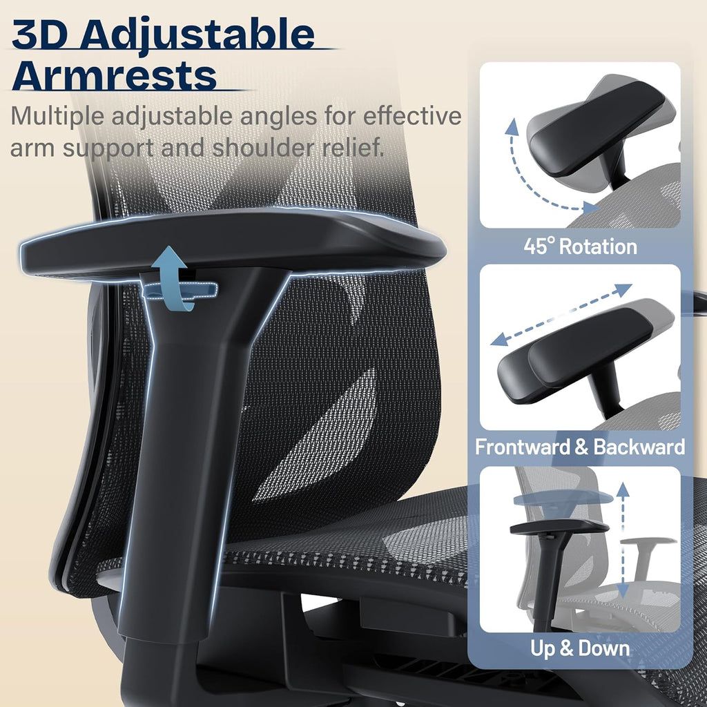 Ergonomic Office Chair, Mesh Computer Desk Chairs with Adjustable Lumbar Support, 3D Armrests, Tilt Function, Comfy Wide Seat, Swivel Executive Work Task Chair for Company and Home