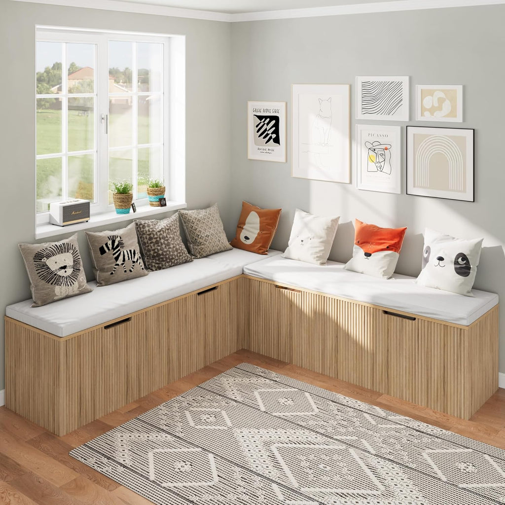 Bobve L-Shape Storage Bench with Cushion, Backless Corner Dining Bench, Kitchen Dining Nook Bench with Hidden Storage for Dining Room, Kitchen, Entryway (Natural Wood)