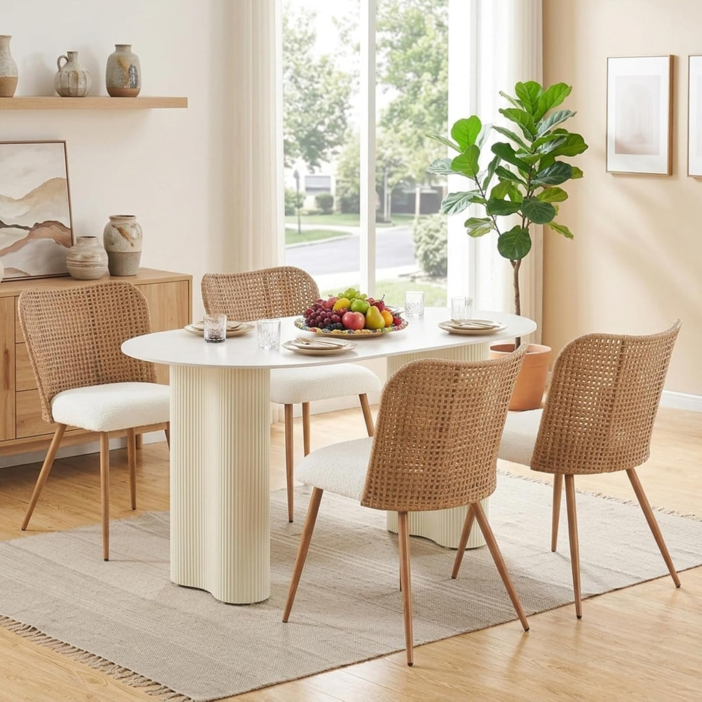 Rattan Dining Chairs Set of 4,Modern Upholstered Kitchen Room Chairs,Accent Dining Chairs with Full PE Cane Back and Metal Legs for Kitchen Restaurant Dining Room,Brown
