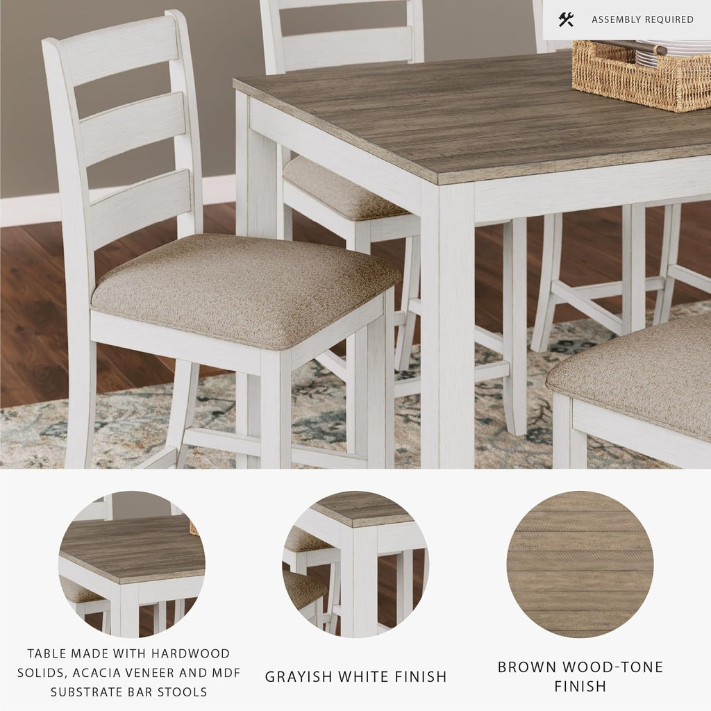 Signature Design by Ashley Skempton Modern Farmhouse Counter Height Dining Table and Upholstered Bar Stools, Set of 7, White & Light Brown