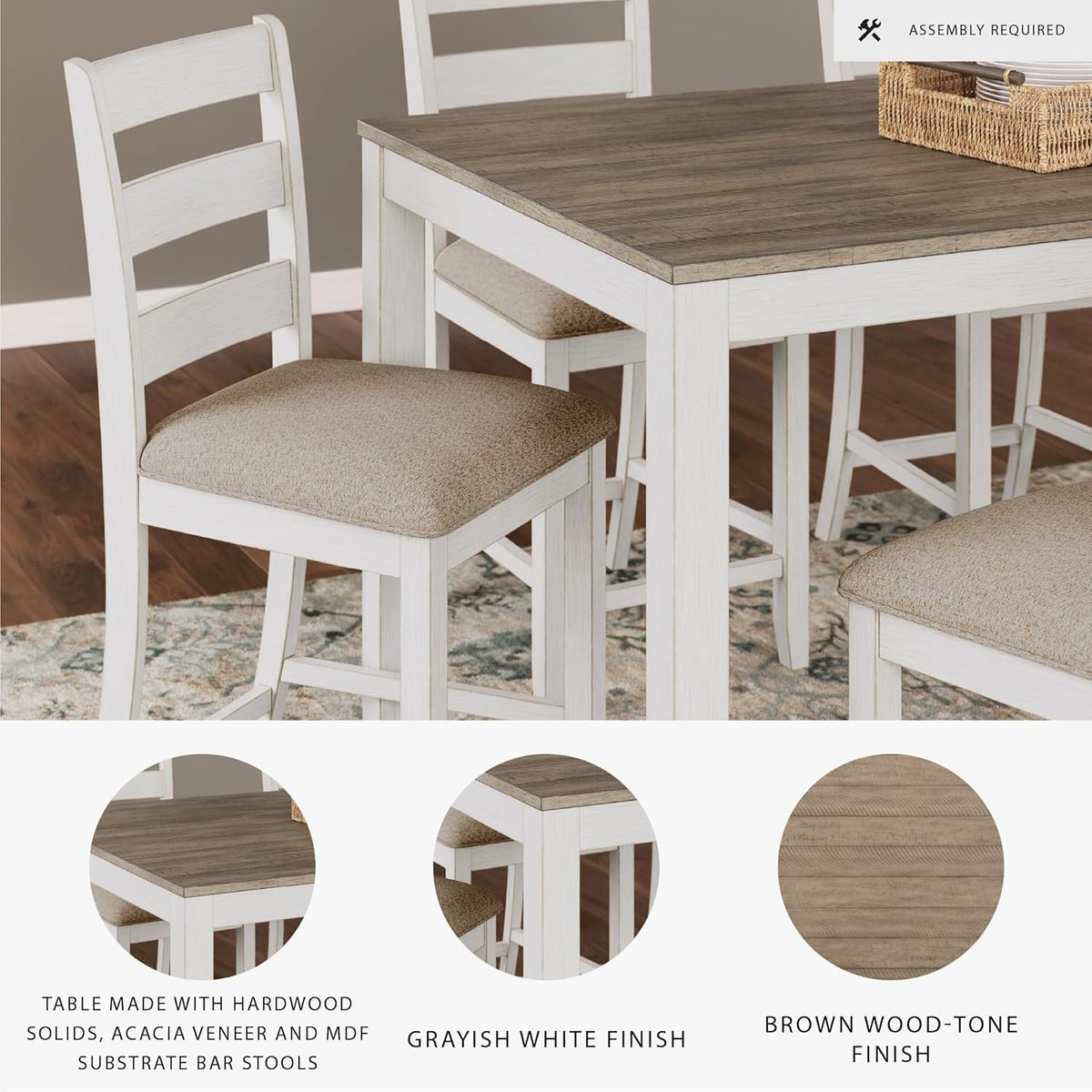 Signature Design by Ashley Skempton Modern Farmhouse Counter Height Dining Table and Upholstered Bar Stools, Set of 7, White & Light Brown
