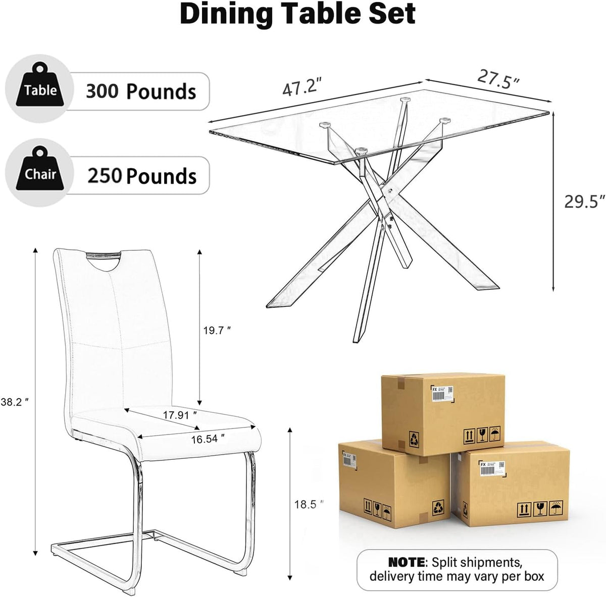 5-Piece Dining Table Set for 4, Modern Rectangular Glass Table with 4 Upholstered Leather Chairs, Space-Saving Dining Room Furniture Table & Chair Sets for Small Spaces & Apartment(White&Gold)
