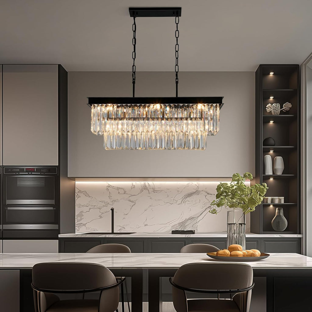 Weesalife Black Crystal Chandeliers for Dining Room Light Fixtures Over Table .9-Lights Modern Rectangle Chandeliers for Kitchen Island Bar L28 Inch