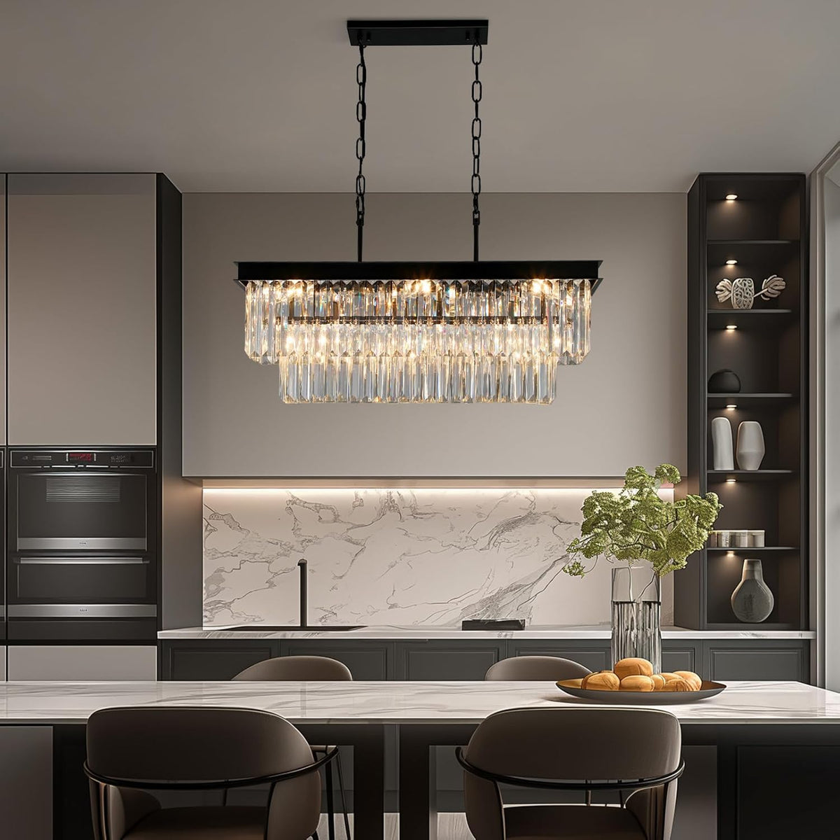 Weesalife Black Crystal Chandeliers for Dining Room Light Fixtures Over Table .9-Lights Modern Rectangle Chandeliers for Kitchen Island Bar L28 Inch