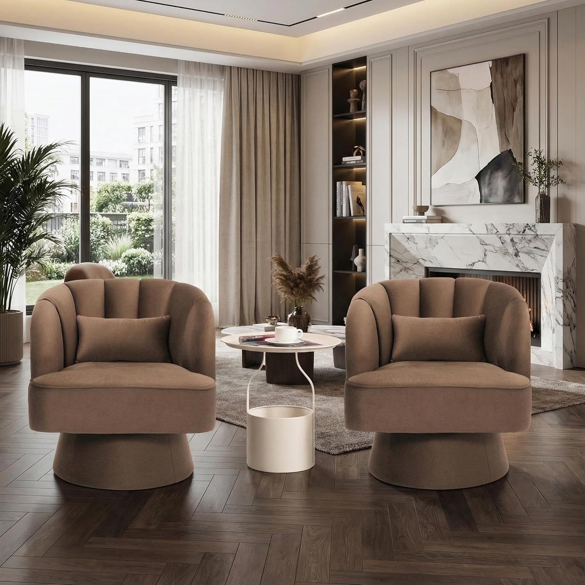 IDEALHOUSE Swivel Accent Chair with Armrests, 360° Mid Century Modern Swivel Barrel Chair, Modern Cozy Velvet Armchair for Living Room, Bedroom, Small Space, Brown
