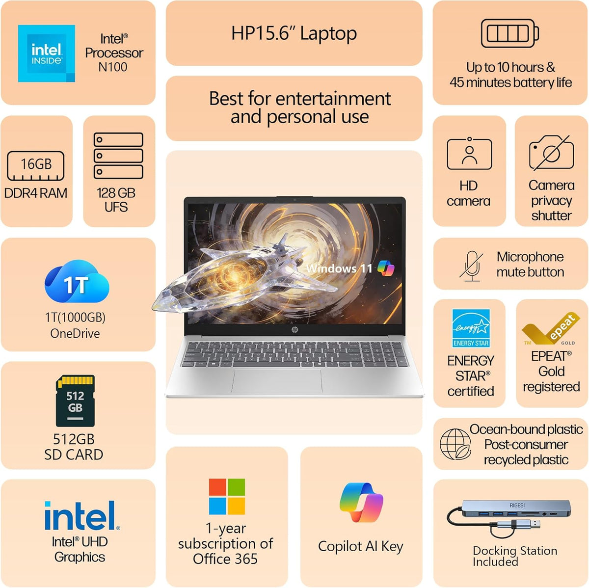 HP 15.6" Laptop – Complete Productivity Solution, Windows 11, Microsoft Office, Intel 4 Core N100, 16GB RAM, 640GB Storage (128GB UFS + 512GB SD Card), Copilot AI, Lightweight – Silver