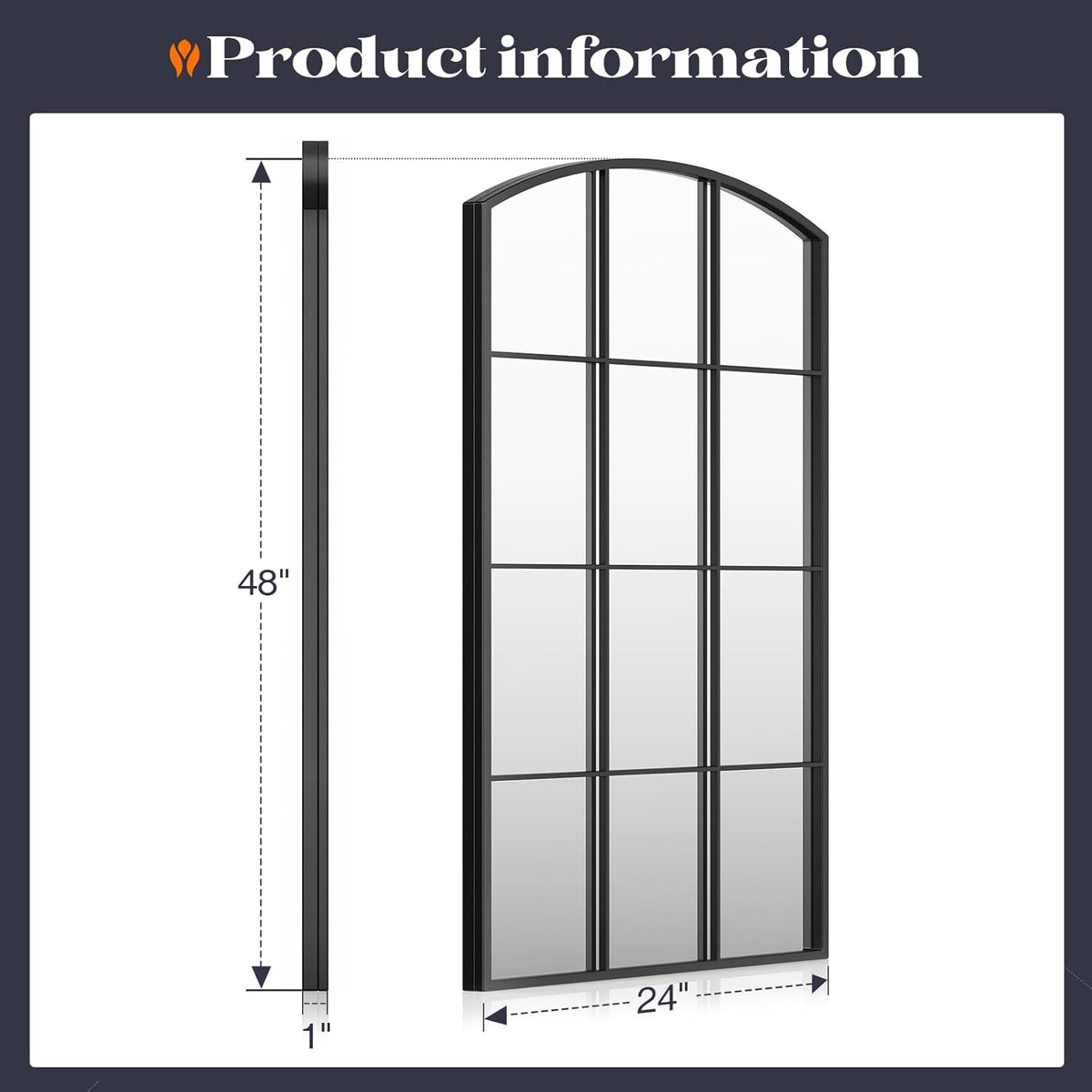 Arched Window Mirror, 24" x 48" Black Window Mirrors for Wall, Tall Farmhouse Grid Mirror for Living Room Bedroom Dining Room Fireplace Hallway Mantle Entryway