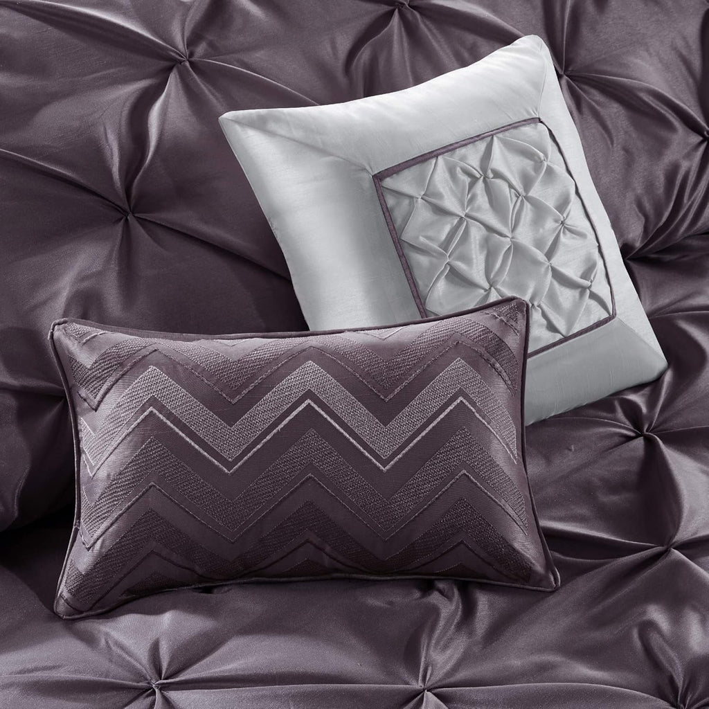 Madison Park Essentials King Comforter Set, 24 Piece Bedding With Matching Curtains, Decorative Pillows, Luxe Diamond Tufting , Room in a Bag Joella Collection, Plum King