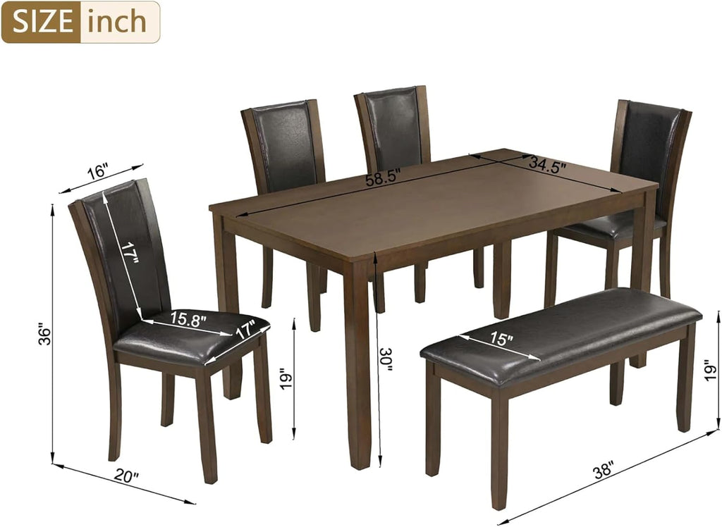 Dining Table Set for 6, Farmhouse 6 Piece Dining Room Table Set with Rectangular Table, 4 Upholstered Backrest Chairs and Bench, Counter Height Kitchen Sets with Warm Woodgrain Finish, Walnut