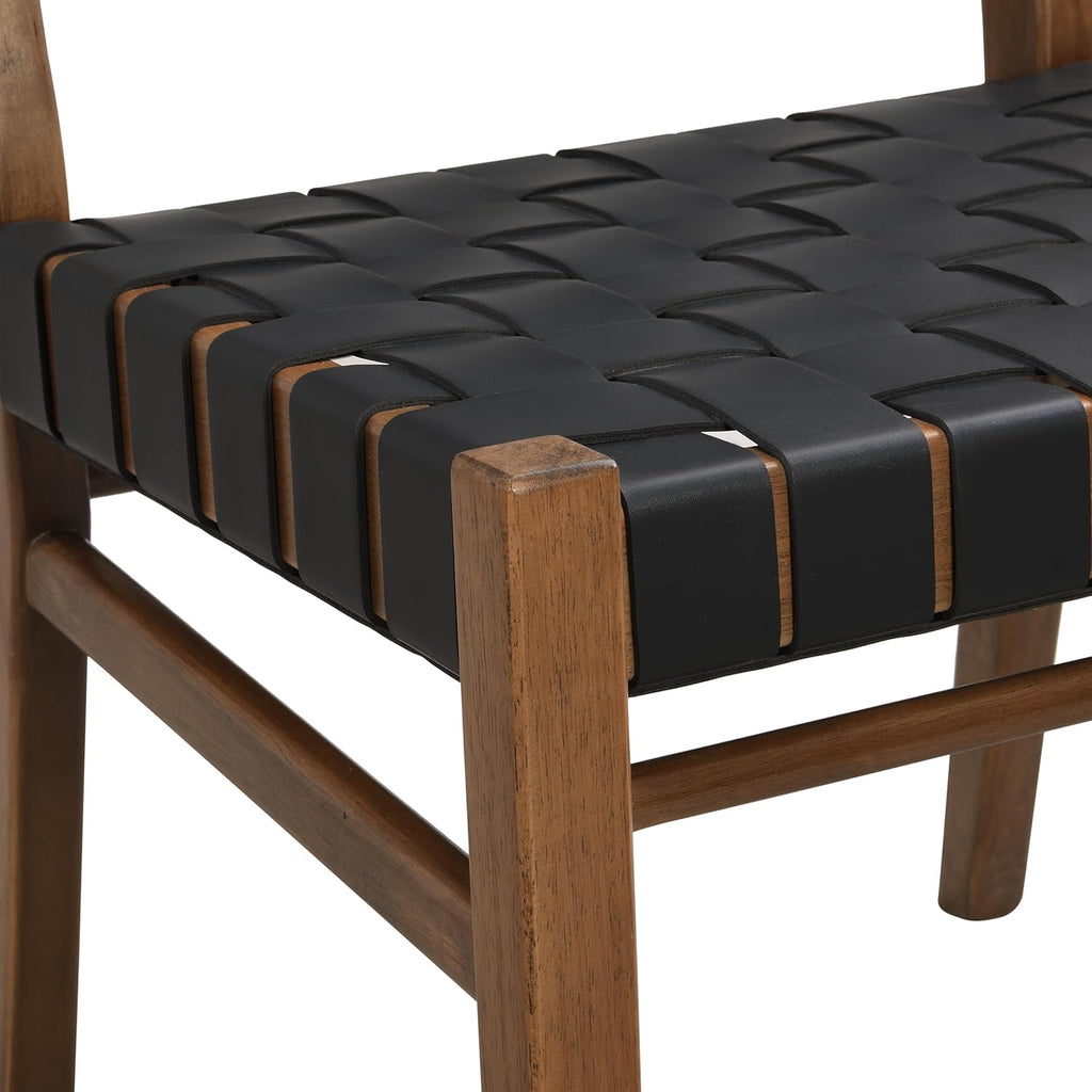 Christopher Knight Home Set of 2 Indoor Rubberwood Frame Armless Dining Chairs, Seating and Backrest with Rope Weave by PU/Faux Leather, for Dining Room Kitchen, Restaurant, Party, Walnut and Black