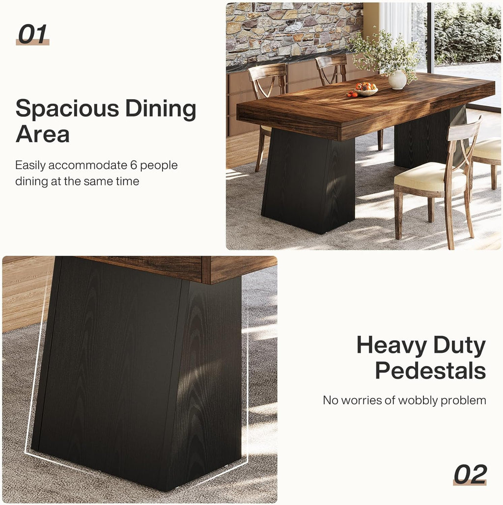 Tribesigns Two Tone Dining Table for 4-6 People, Rectangular Farmhouse Kitchen Dinner Table with Double Pedestal, Wood Dining Room Furniture for Home, Dining Room, Small Space, Brown & Black