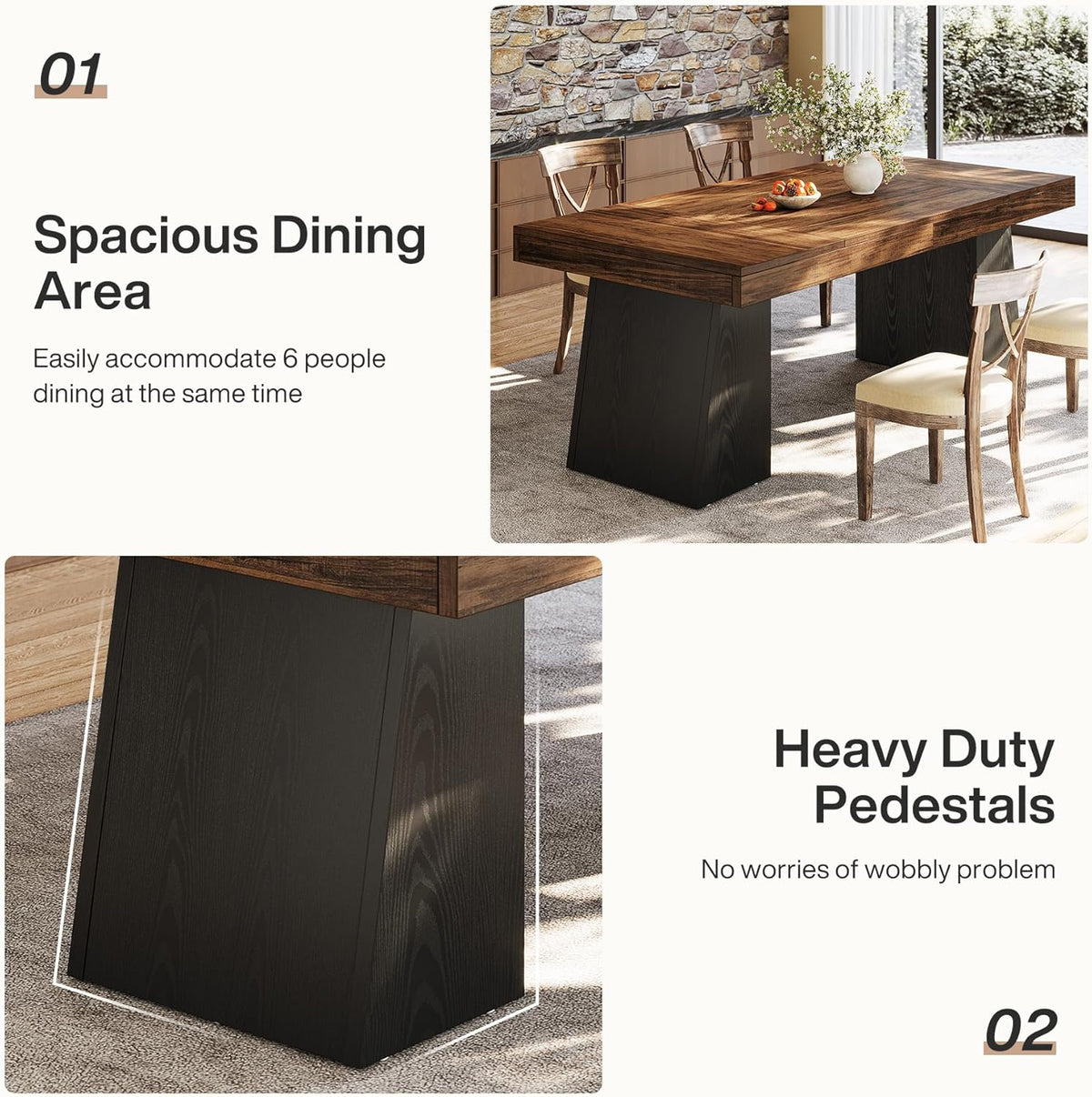 Tribesigns Two Tone Dining Table for 4-6 People, Rectangular Farmhouse Kitchen Dinner Table with Double Pedestal, Wood Dining Room Furniture for Home, Dining Room, Small Space, Brown & Black