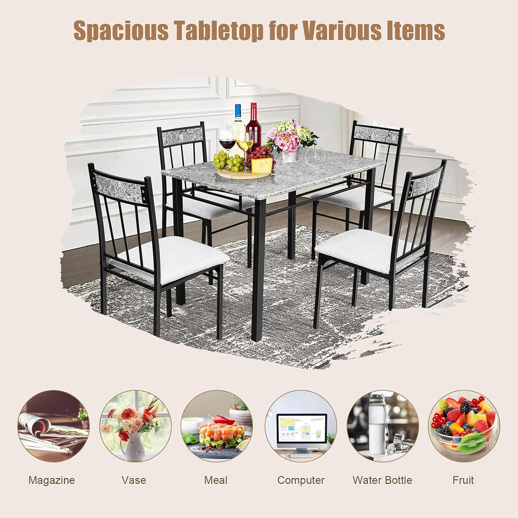 COSTWAY 5-Piece Kitchen Dining Set, Marble Dining Table Set with Sponge Cushion and Metal Structure, Modern Kitchen Table Set for Apartment, Restaurant and Cafe, Grey and Black