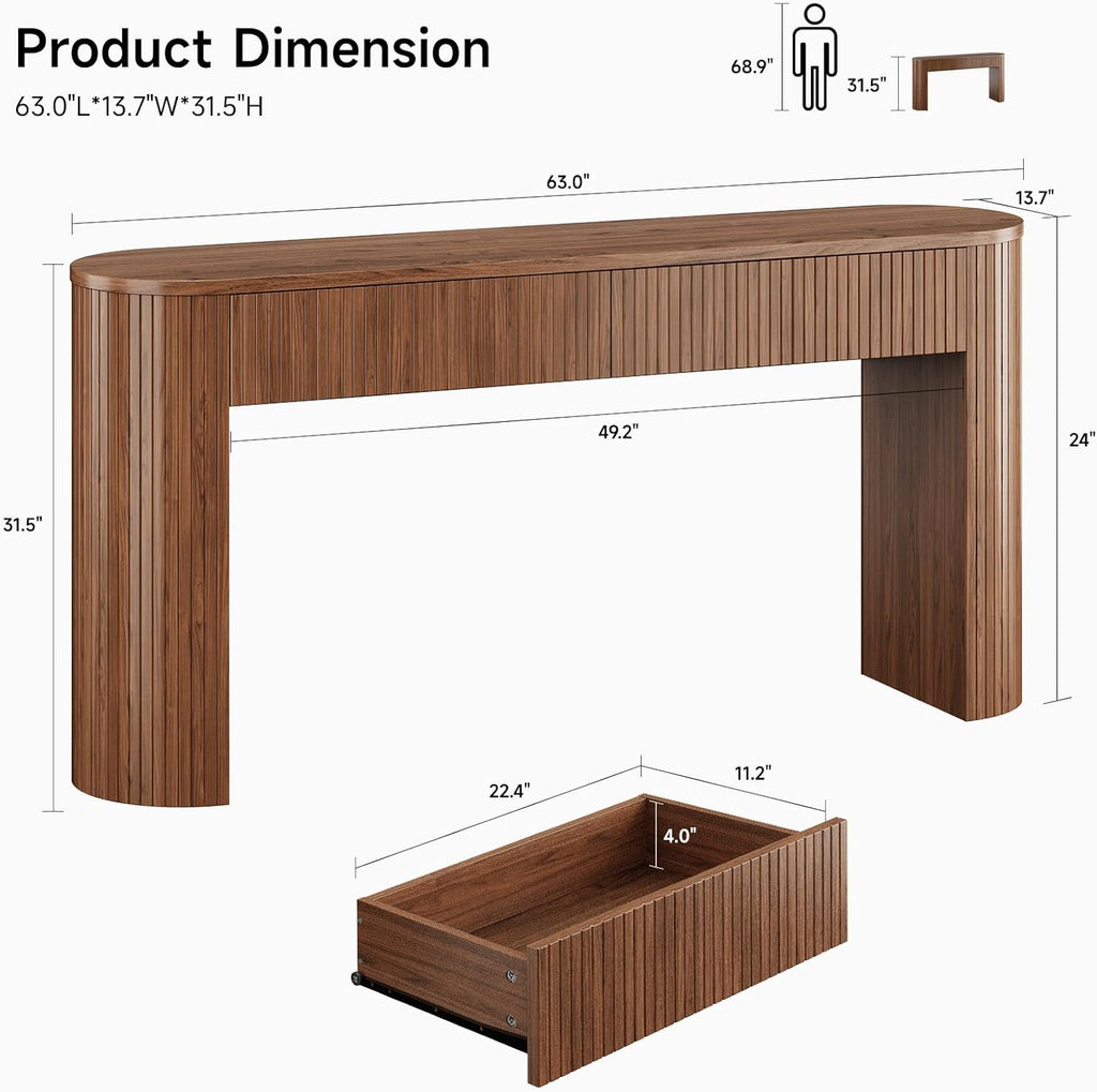 63 Inch Console Table with 2 Drawers, Fluted Entryway Tables with Storage, Sofa Table Behind The Couch, Hallway Tables, Mid-Century Modern Foyer Table for Entryway, Hallway, Living Room, Walnut