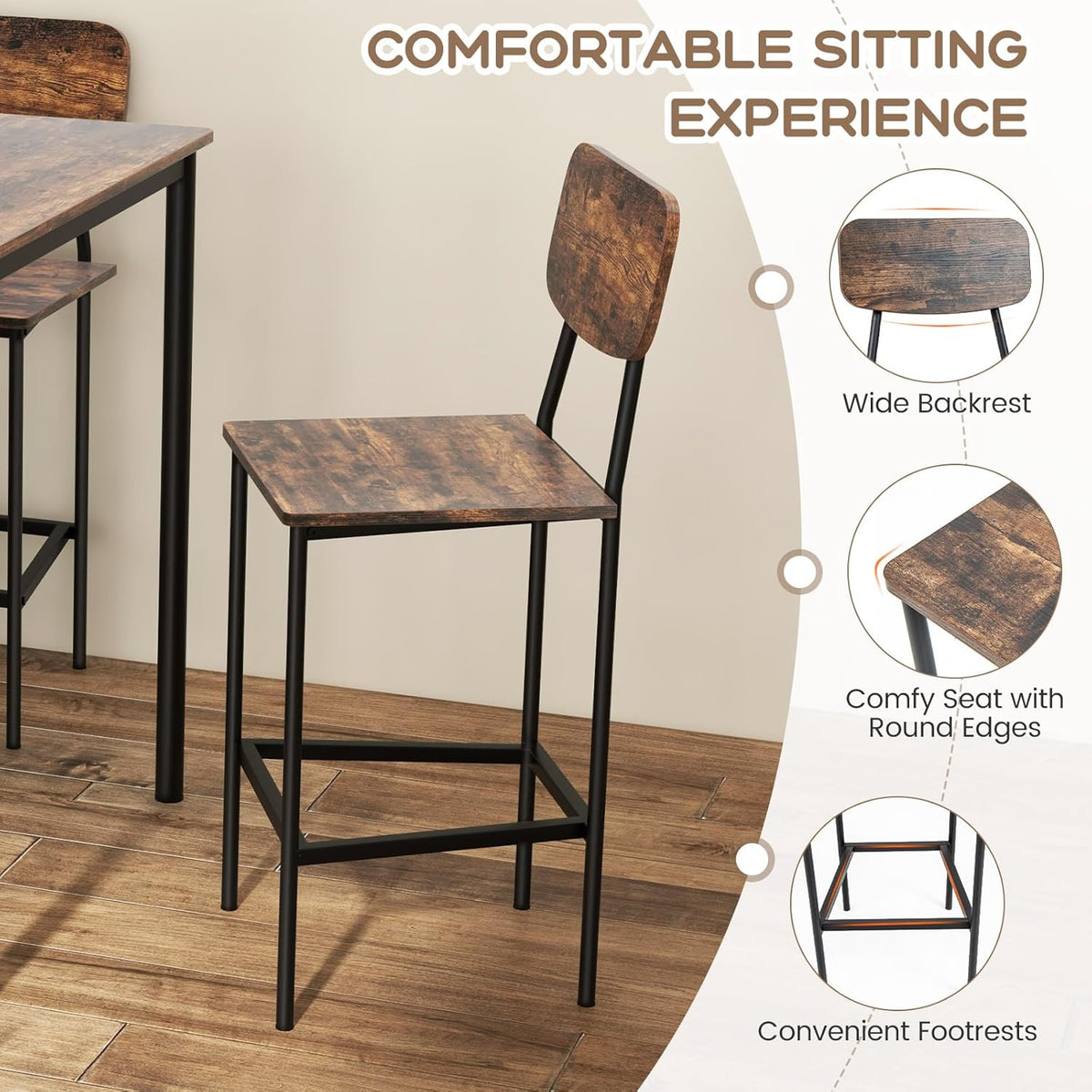 Giantex 5-Piece Dining Table Set W/Counter Height Table & 4 Bar Stools, Industrial Kitchen Dining Set W/Footrest & Backrest, Space-Saving Dinette Set for Pub, Dining Room, Restaurant (Mix Brown)