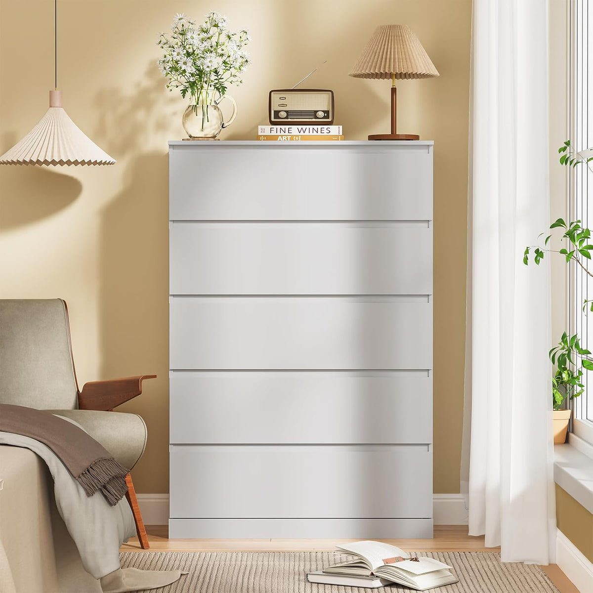 Dresser for Bedroom with 6 Drawers, 38.5" H Modern Chest of Drawers with Hidden Drawer, Wood Storage Dresser, Storage Organizer for Living Room, Closet, Hallway, White