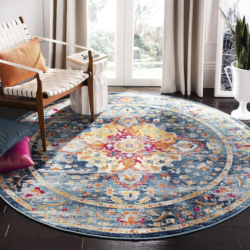 SAFAVIEH Madison Collection Area Rug - 9' Round, Teal & Fuchsia, Boho Design, Non-Shedding & Easy Care, Ideal for High Traffic Areas in Living Room, Bedroom, Dining (MAD154L-9R)