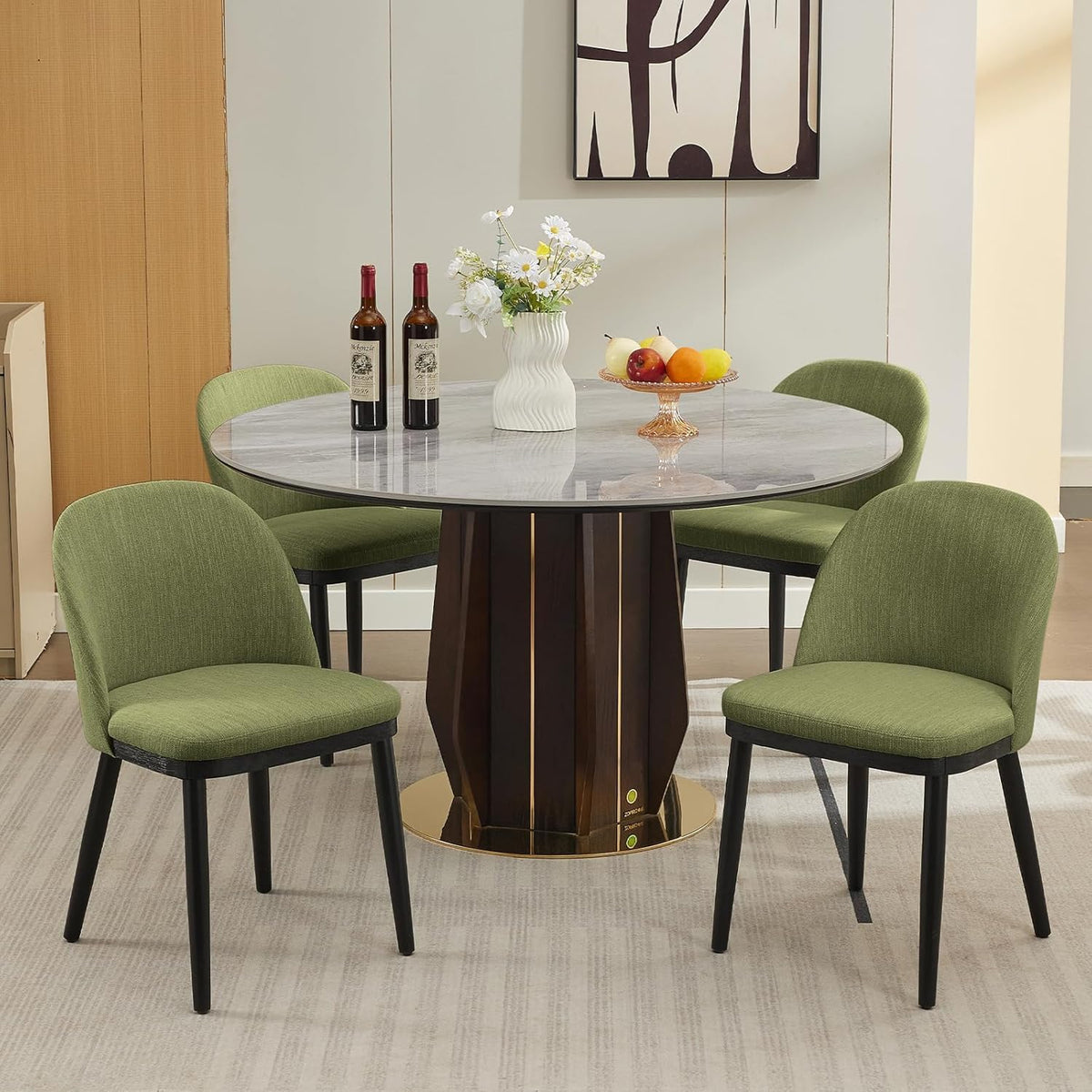 Garvee Wooden Dining Chairs Set of 6, Upholstered Kitchen Dining Room Chair, Modern Linen Fabric Farmhouse Dinner Chair with Leveling Feet/High Backrest Support for Dining Room, Living Room,Green