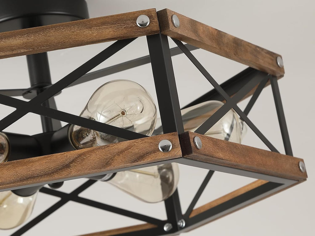 6-Light Large Rustic Farmhouse Wood Flush Mount Ceiling Light Fixture 20 inch Oak Wood and Metal Cage Semi Flush Mount Ceiling Light for Hallway Entry Dining Farmhouse Bedroom Living Room, Black
