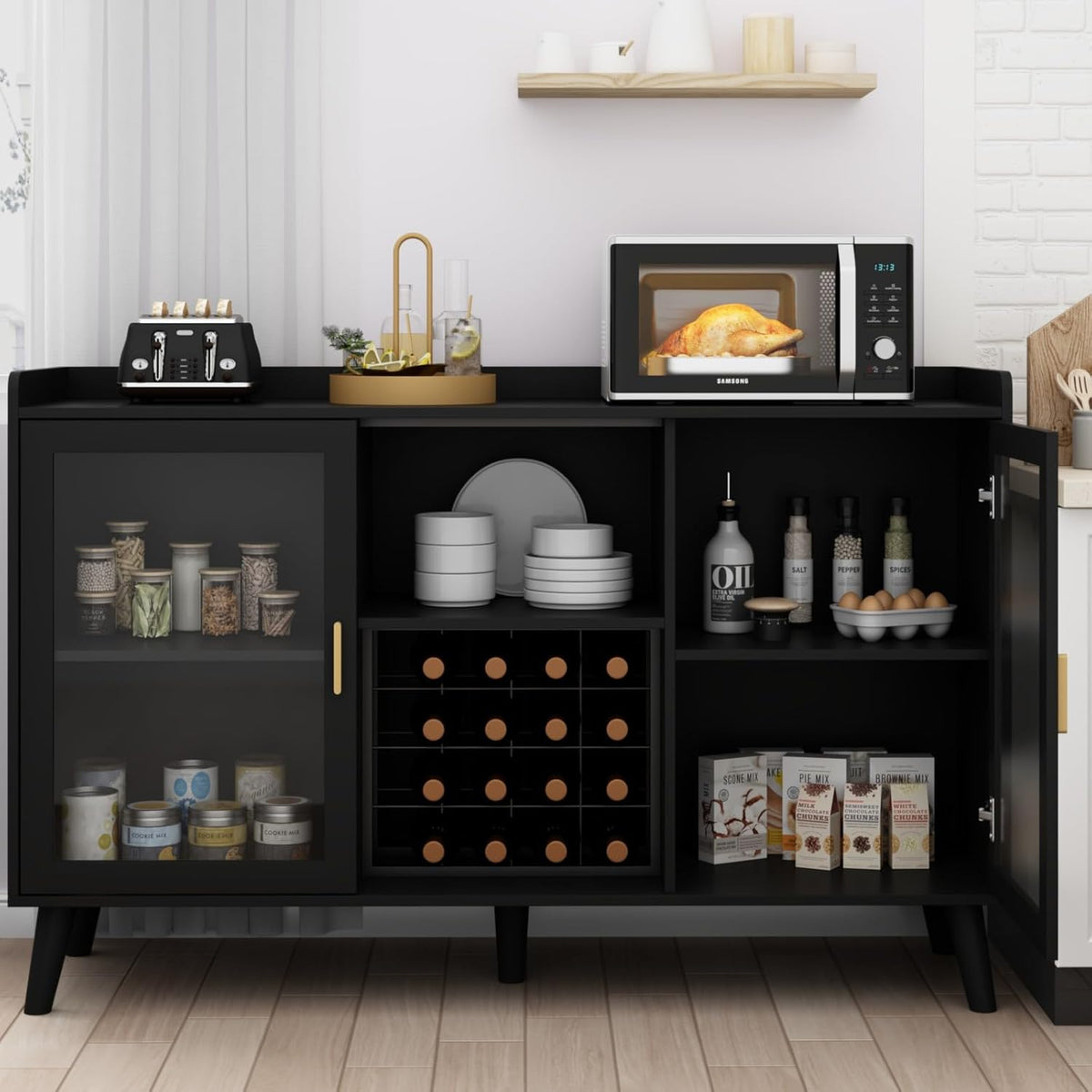 Loomie Wine Bar Cabinet with LED Light, Home Coffee Cabinet with Wine Rack and Glass Holder, Kitchen Buffet Sideboard W Storage Shelf, Freestanding Liquor Cabinet for Living Room, Dining Room (Black)