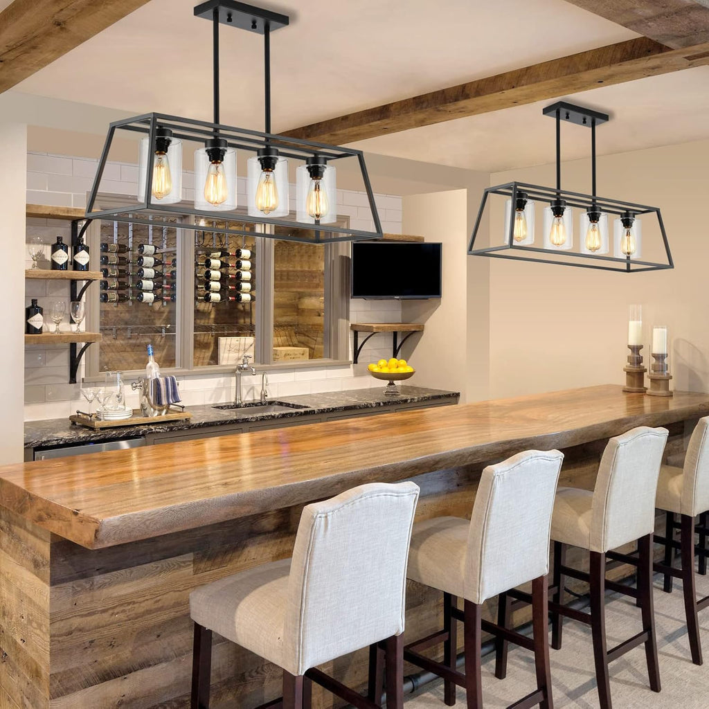 Black Farmhouse Chandeliers for Dining Room, Rustic Kitchen Island Light Fixture, 4-Lighting Linear Pendant Lamp Kitchen Island with Glass Shade  .Apply to Dining Room Light fixtures Over Table
