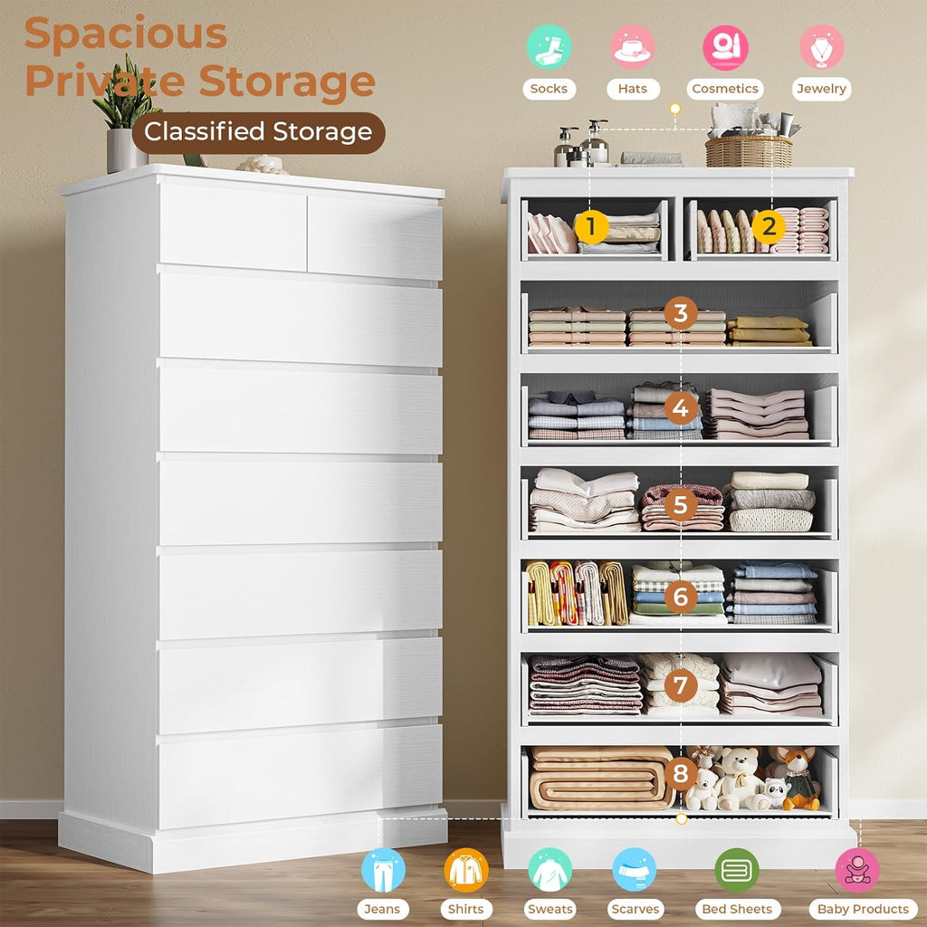 DICTAC White Tall Dresser for Bedroom with 8 Drawers, 59.6" Tall Dressers & Chests of Drawers, Modern Wood Closet Organizer and Storage Cabinet, Large Vertical Dresser for Bedroom, Closet, Hallway