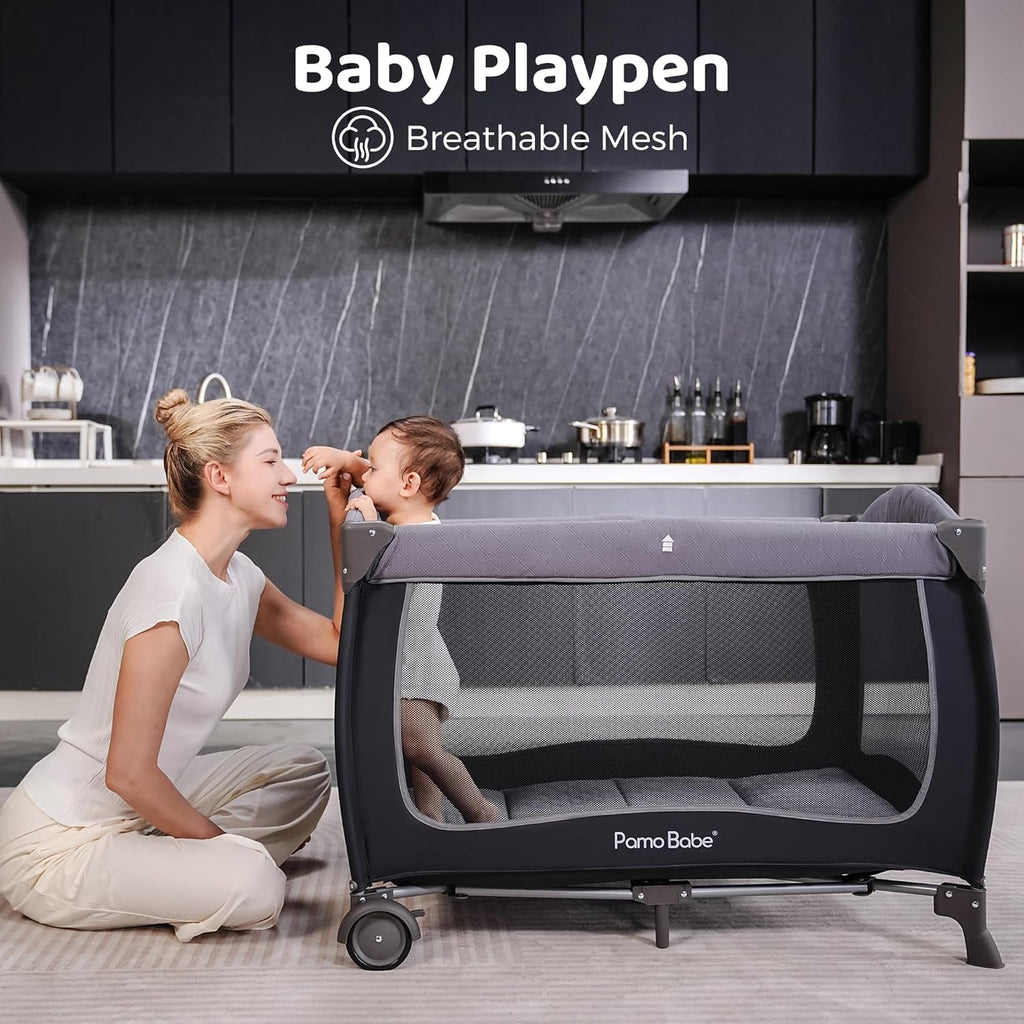 Pamo Babe Baby Playard with Canopy, Portable Crib with Changing Table