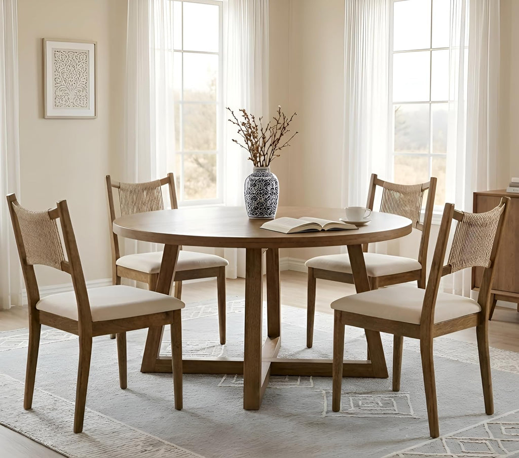 RIVOVA Wooden Dining Chairs Set of 4 Fabric Upholstered Dining Room Chairs Kitchen Side Chair with Woven Seagrass Back Farmhouse Dinner Chair, Beige