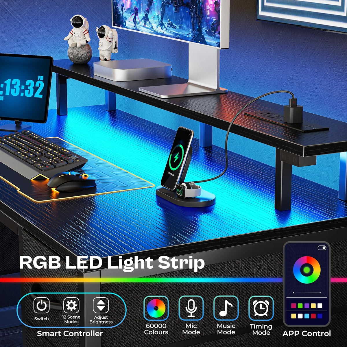 Huuger 55 inch Computer Desk with 4 Drawers, Gaming Desk with LED Lights & Power Outlets, Home Office Desk with Large Storage Space for Bedroom, Work from Home, Black