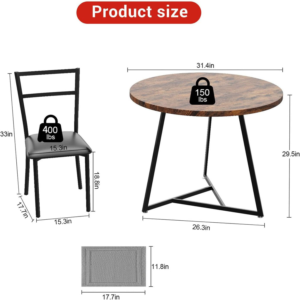 Garvee Dining Table Set for 2, Wooden Kitchen Table and Chairs of 2 with Upholstered Chairs, Round Kitchen Tables Set, 3 Piece Dining Room Table Sets for Small Space, Apartment, Rustic Brown