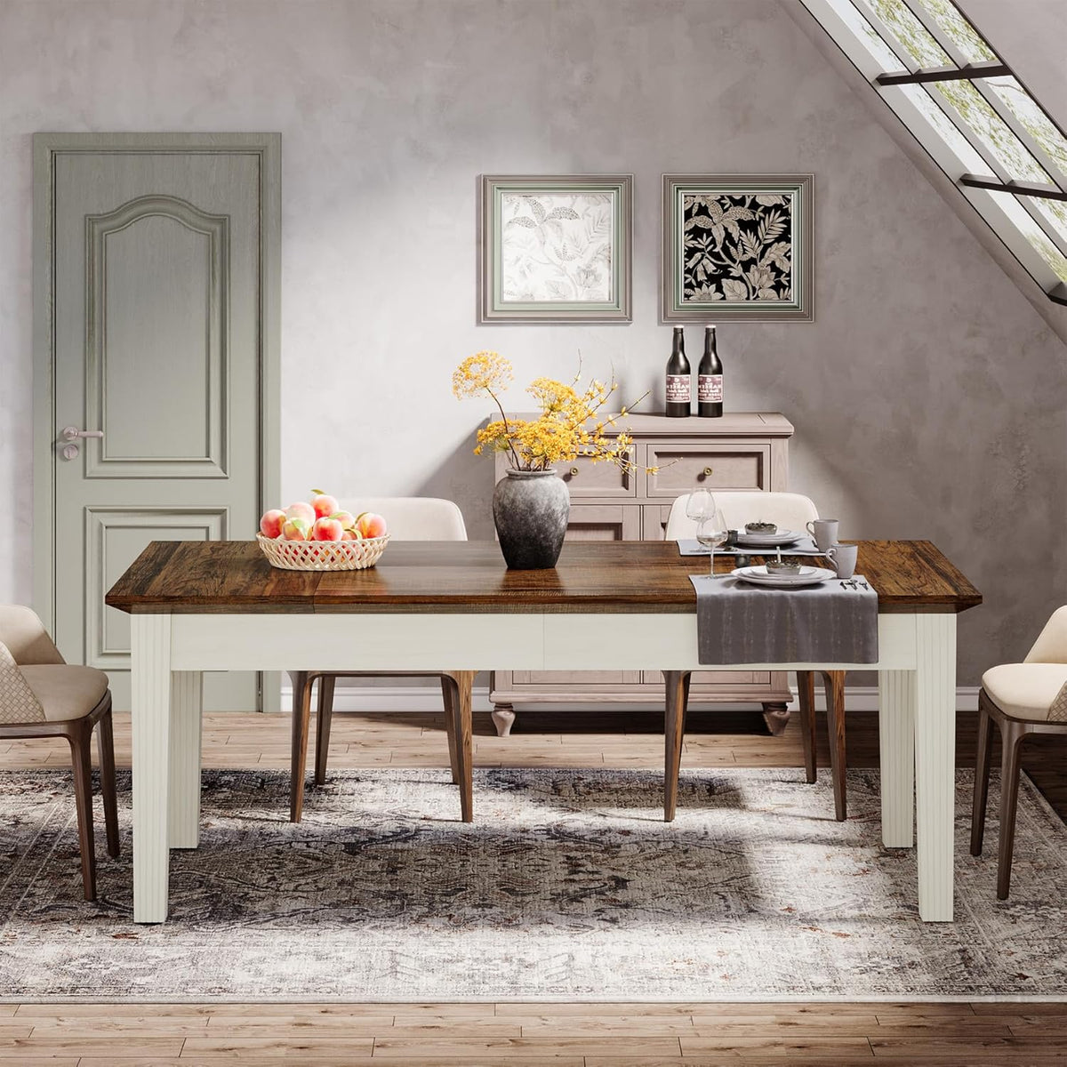 Tribesigns Dining Table for 4-6 People, 62-Inch Rectangular Kitchen Table with Solid Wood Legs, Modern Farmhouse Dinner Table for Dining Room, Kitchen, Living Room, Rustic Brown & Cream White