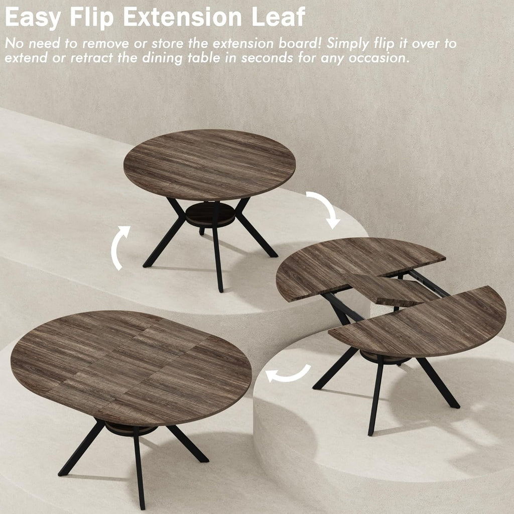 42"-58" Extendable Round Dining Table for 4-6, Kitchen Oval Table with Hidden Leaves & Storage Shelf, Space Saving Modern Design with Sturdy Metal Legs for Kitchen, Dining Room & Small Apartments