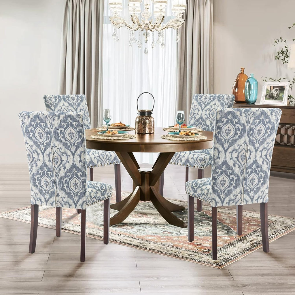 Parsons Dining Chairs Set of 2, Upholstered Nailhead Dining Room Kitchen Side Chair with Thick Cushions and Wood Legs, White/Blue