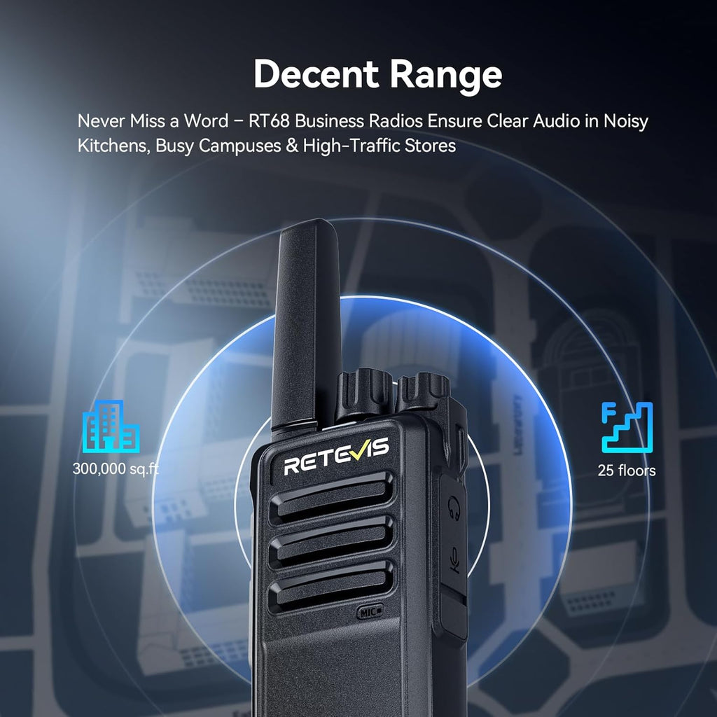 Retevis RT68 Two-Way Radios Long Range, Walkie Talkies for Adults, 2 Way Radio with Earpiece, Walkie Talkie Rechargeable with Charging Base, for Manufacturing Restaurant Business School(10 Pack)