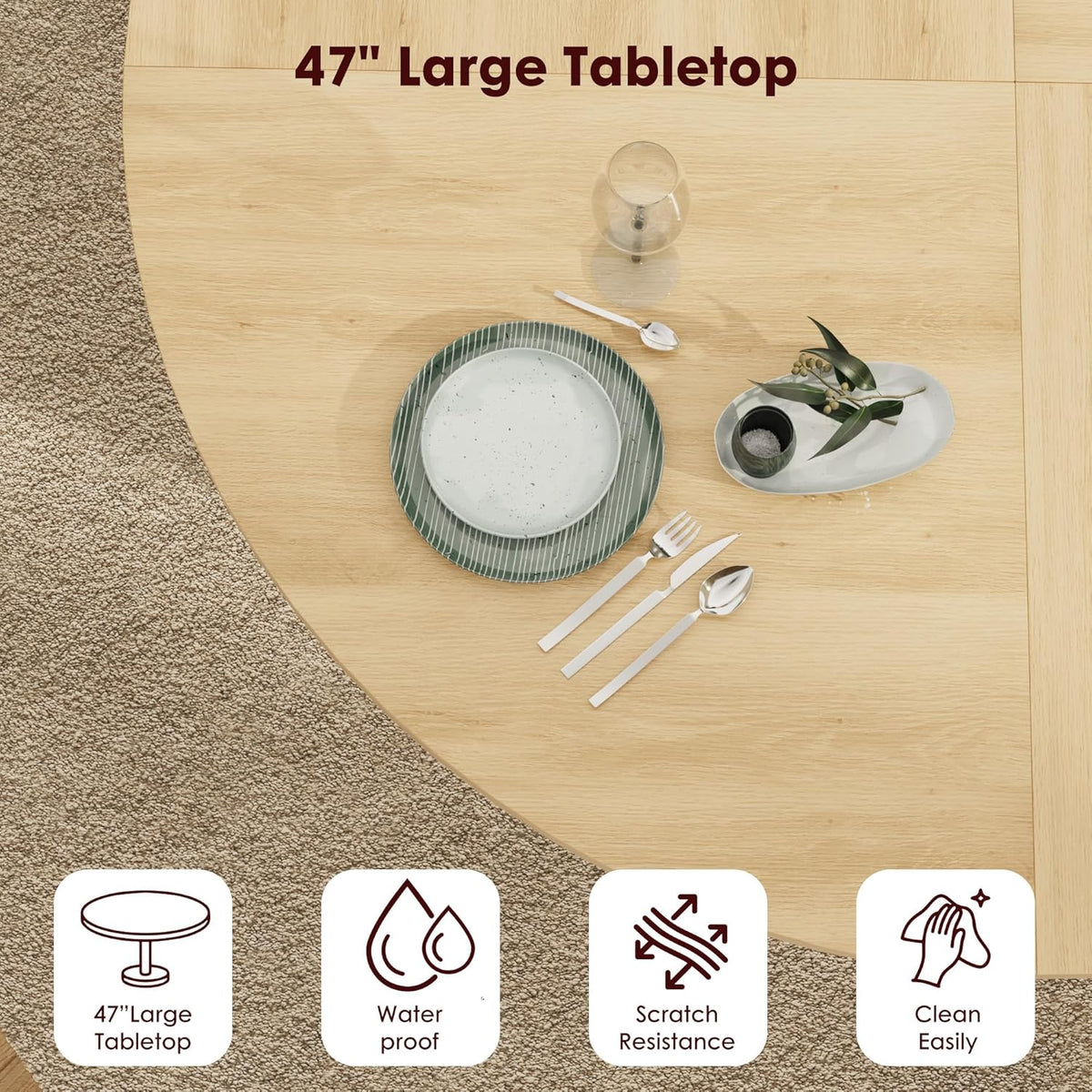 IDEALHOUSE 47 Inch Round Dining Table for 4, Farmhouse Kitchen Table with 2-Layer Storage Shelf and Wood Slide Door, Modern Dinner Table Space Saving, Dining Room, Living Room, Natural Oak