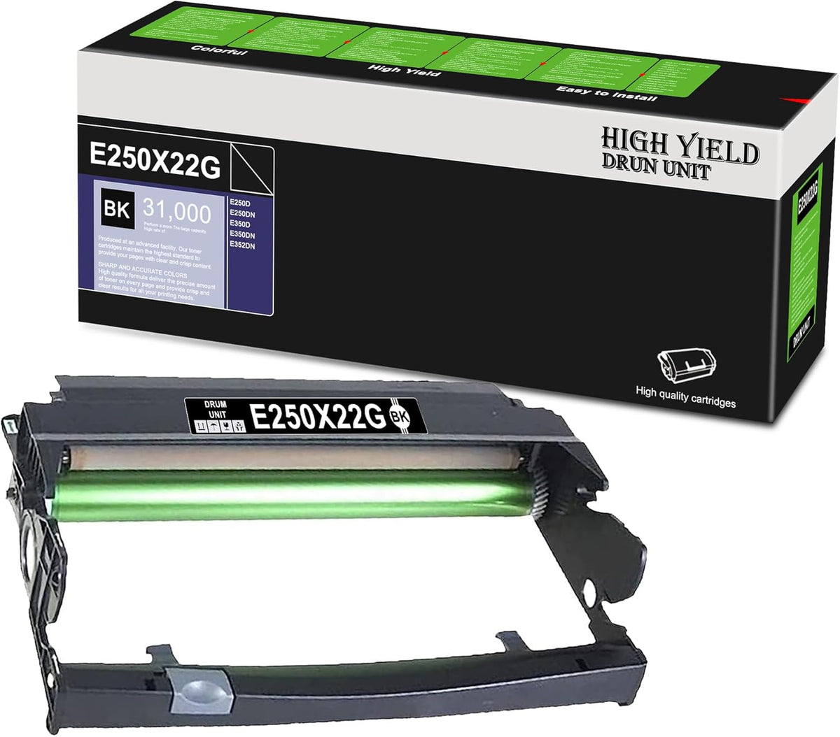 E250 (E250X22G) Black Drum Unit, Compatible 1 Pack E250X22G Replacement for Lexmark E250X22G for E250D E250DN E350D E350DN E352DN Printer | Up to 31,000 Pages 1 Each