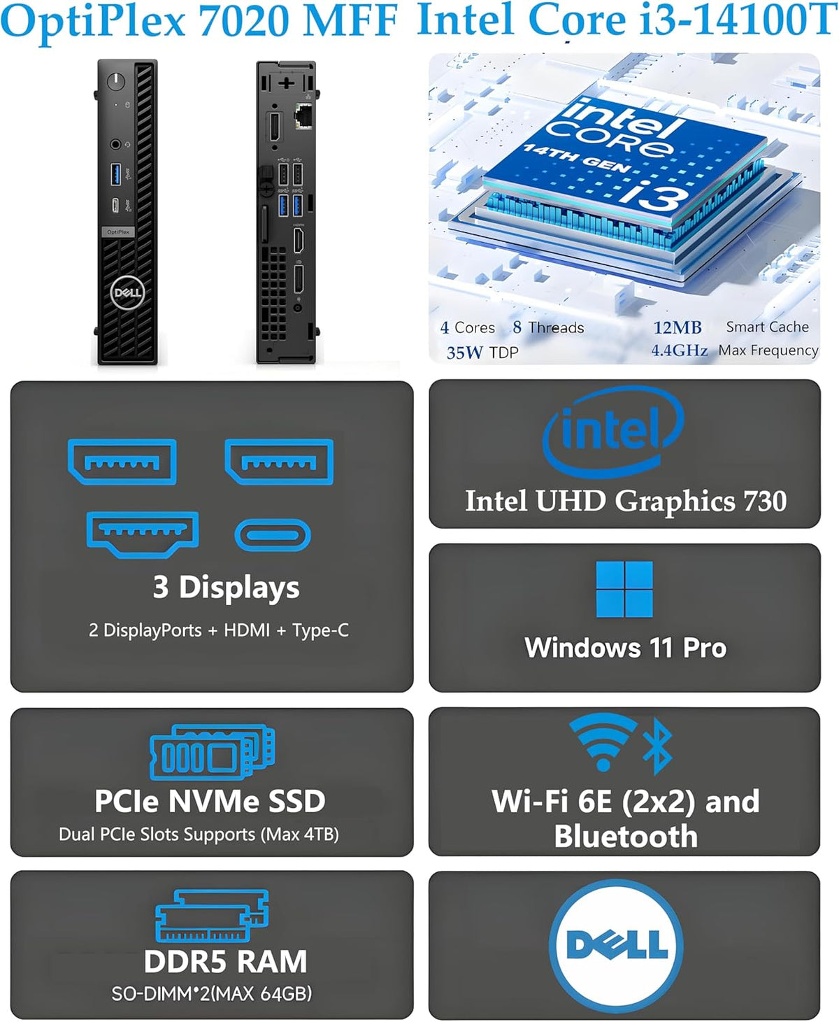 Dell OptiPlex High-Performance Mini Business Desktop, 14th Gen i3-14100T CPU, 8GB RAM, 512GB PCIe SSD, WiFi 6E, Triple Display Support (HDMI+2DP), Ultra-Compact for Office & Workspace, Windows 11 Pro