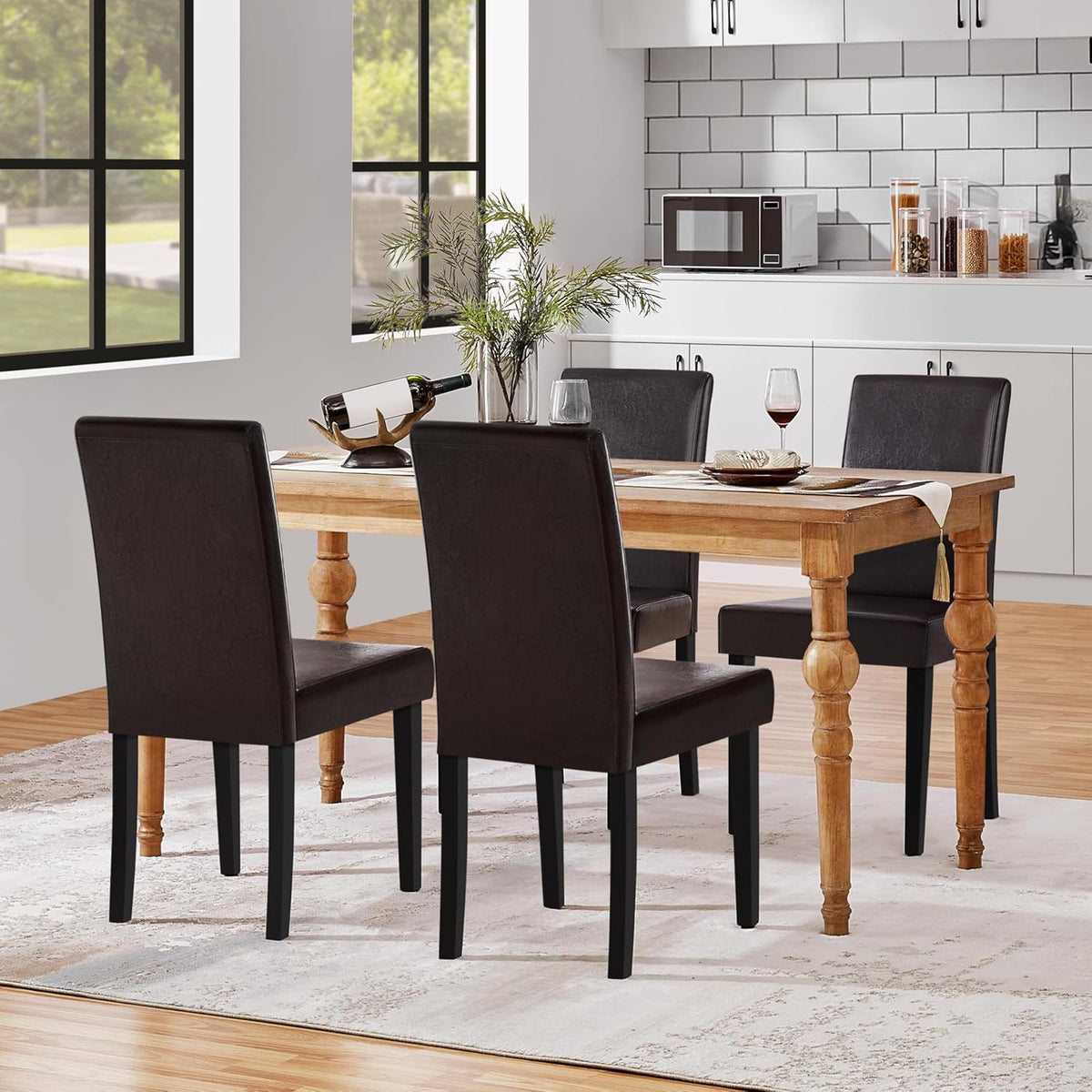 Yaheetech Dining Chairs Set of 4 PU Leather Dining Room Chairs with Waterproof Surface and Wood Legs for Kitchen Restaurant and Living Room, Dark Brown