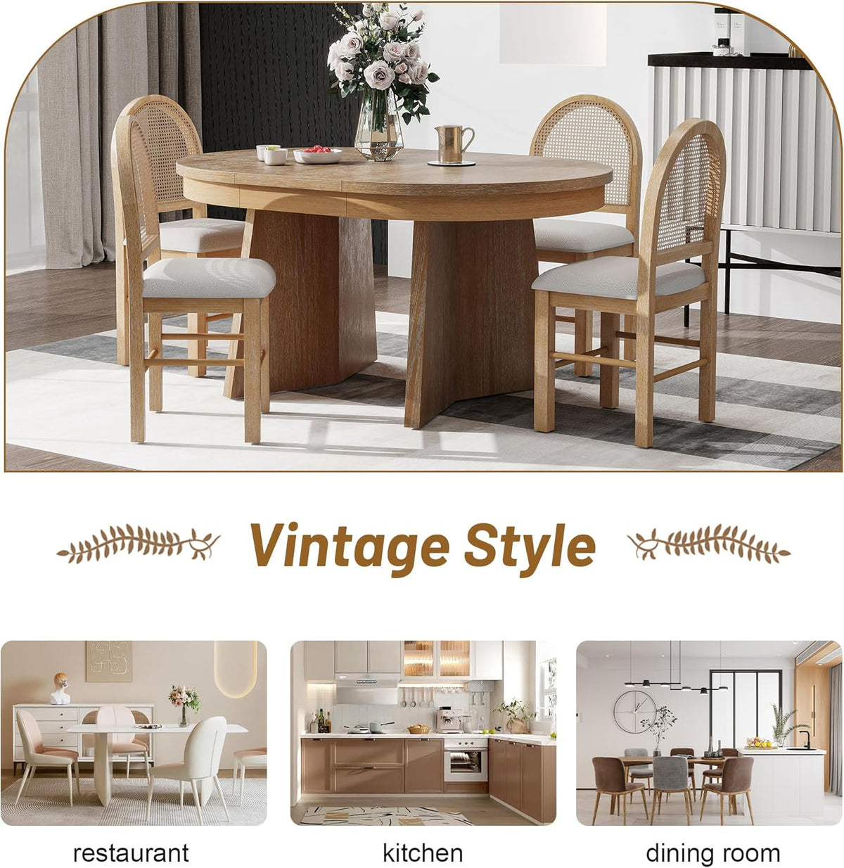 Harper & Bright Designs Farmhouse Wood Round Dining Table Set for 4, 5-Piece Extendable Kitchen Table with 4 Upholstered Chairs with Rattan Backrests for Dining Room and Kitchen (Natural Wood Wash)