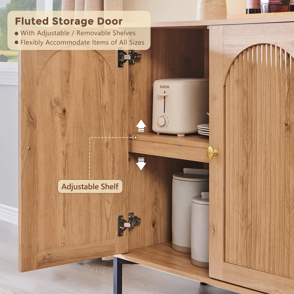IFGET Modern Buffet Cabinet with Storage, 61.75" W Fluted Arched Sideboard Cabinet w/Adjustable Shelves, Wooden Modular Coffee Bar for Dining Room, Kitchen, Living Room, Entryway, Natural