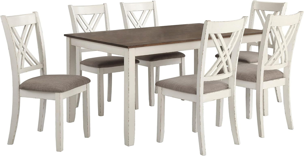 Coaster Home Furnishings - Fortress - Wood - 7-Piece Rectangular Dining Table Set – Farmhouse Style with Double-Cross Back Armless Side Chairs - Dining Room - Vintage White, Chestnut Brown - 190721