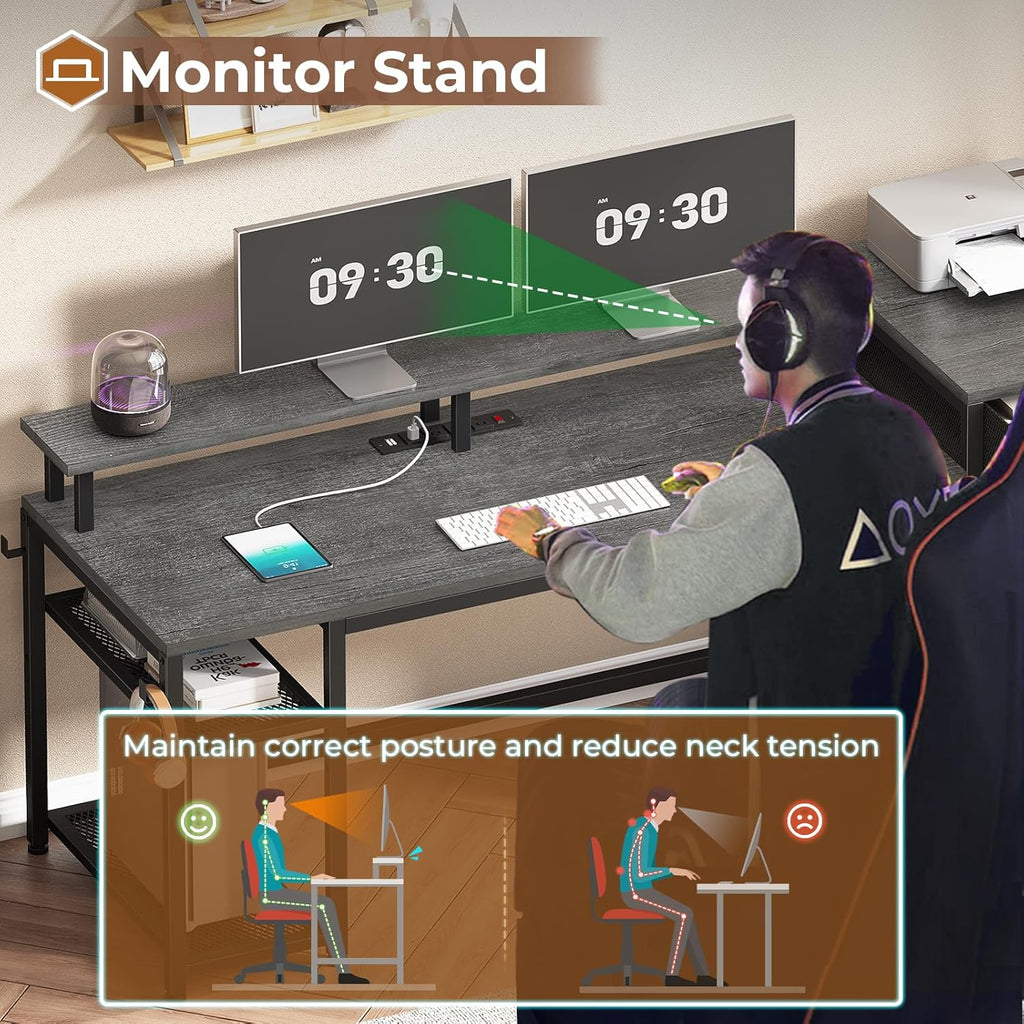 SEDETA 59" Office Desk with File Drawers, Reversible Computer Gaming Desk with Storage, LED Lights & Power Outlet, Home Office Desks for Printer, Grey