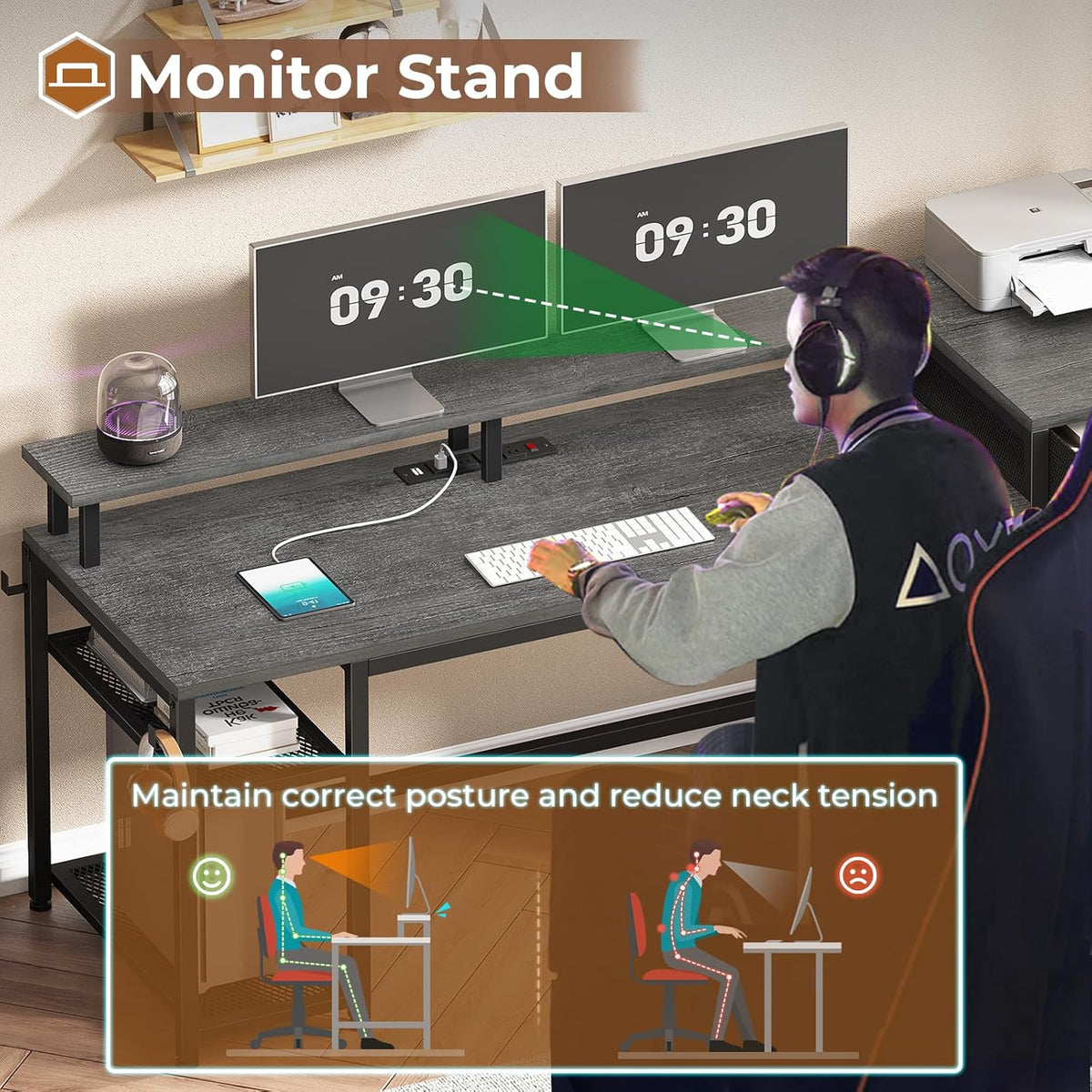 SEDETA 59" Office Desk with File Drawers, Reversible Computer Gaming Desk with Storage, LED Lights & Power Outlet, Home Office Desks for Printer, Grey