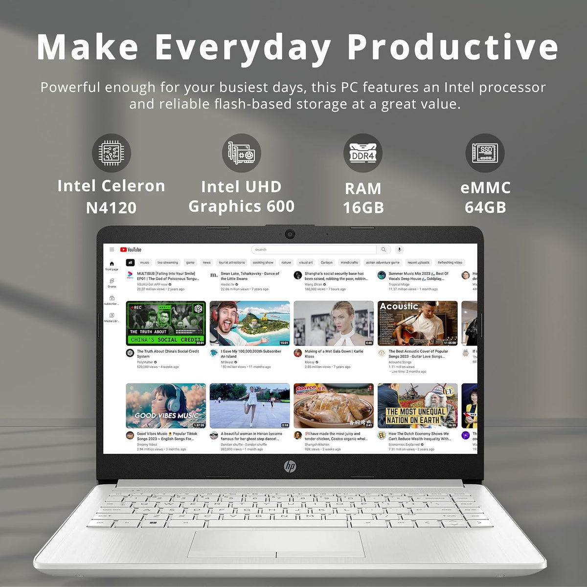 HP Stream 14" HD BrightView Laptop, Intel Celeron N4120 Processor, 16GB RAM, 64GB SSD, Intel UHD Graphics, 720p Webcam, WiFi, HDMI, Win 11 S, Silver (Renewed)