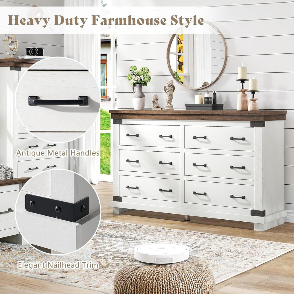 AMERLIFE Farmhouse 6 Drawer Wide Dresser for Bedroom, Large Wood Chest of Drawers with Thick Plank Top, Rustic Heavy Duty Storage Cabinet for Living Room or Hallway, Antique White