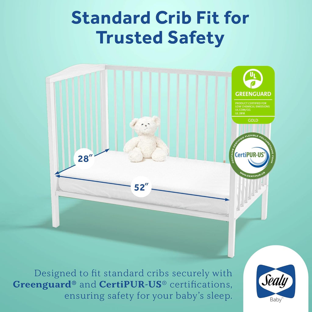 Sealy Baby OptiCool Breathable Crib Mattress, GREENGUARD GOLD Certified, Made in USA, Toddler Bed Fit, 2 Stage Cooling Memory Foam, Non Toxic, Airy Cotton Cover, Safety & Quality Tested, 52x28"