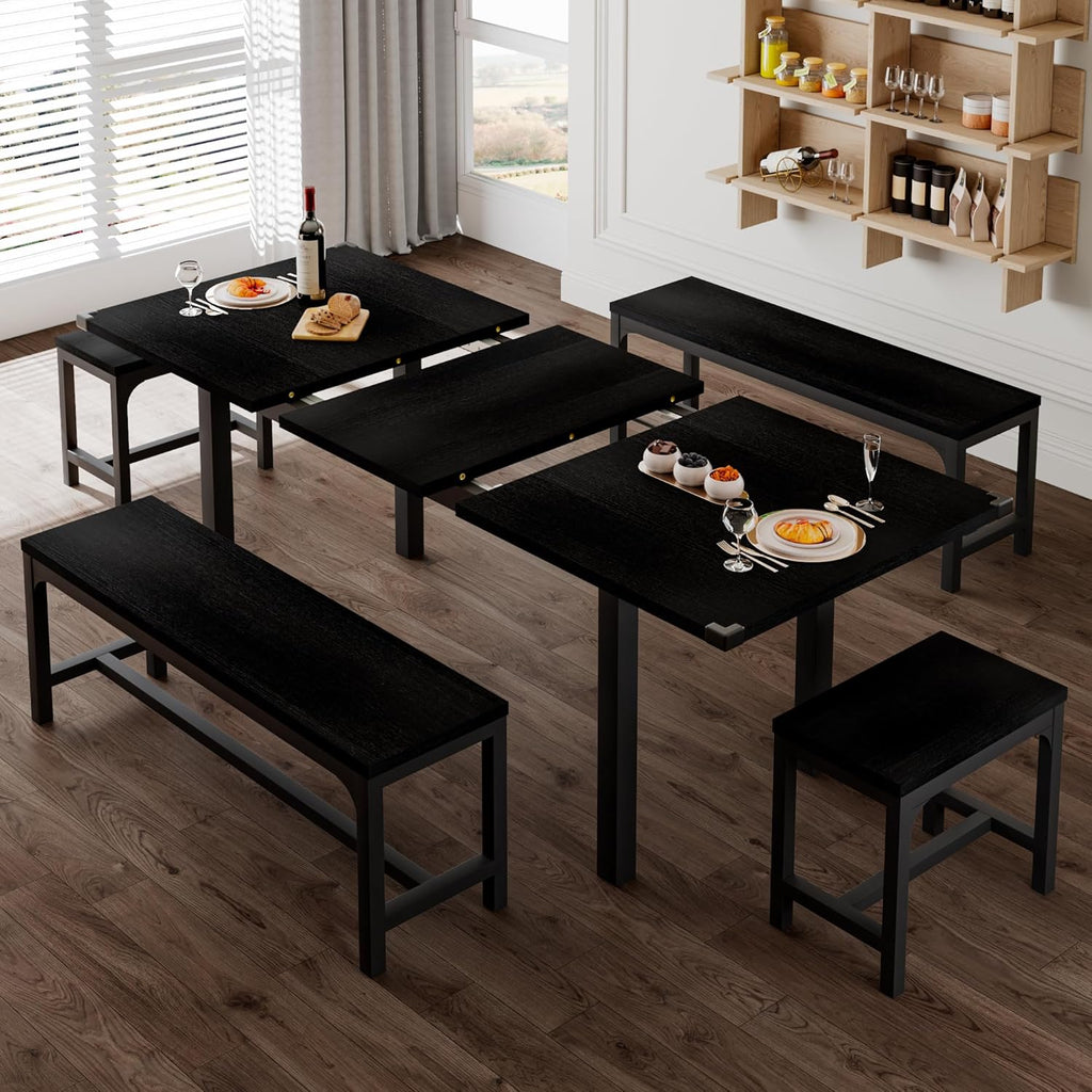 Feonase 5-Piece Dining Table Set for 4-8 People, 63" Large Extendable Kitchen Table Set with 2 Benches and 2 Square Stools, Dining Room Table with MDF Wood Board, Easy Assembly, Black
