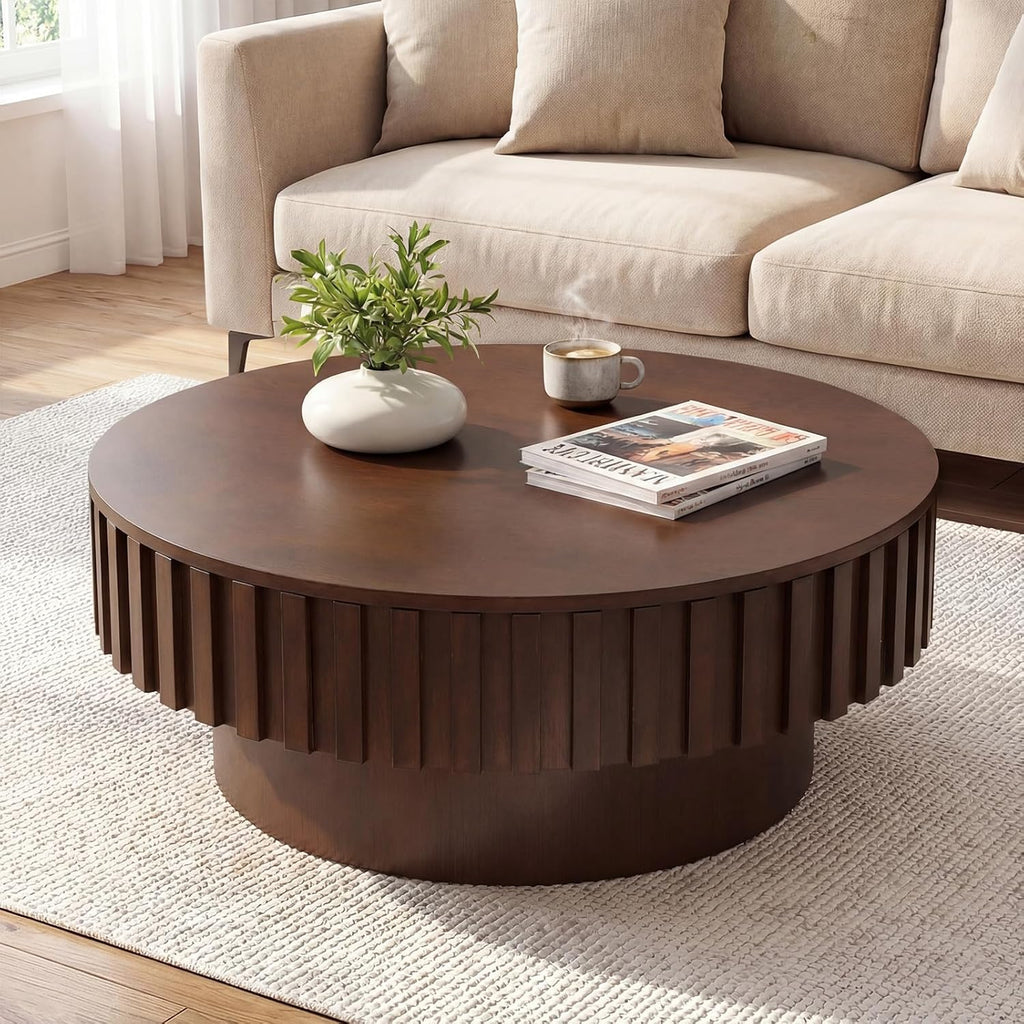 Giantex Round Coffee Table with Storage, Modern Drum Fluted Center Table with Solid Wood Veneered, Unique Circle Wood Coffee Table for Living Room Small Spaces (Brown)